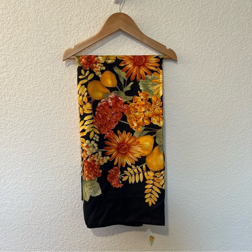 NWT Talbots 100% Silk Floral Black Orange Yellow Square Scarf